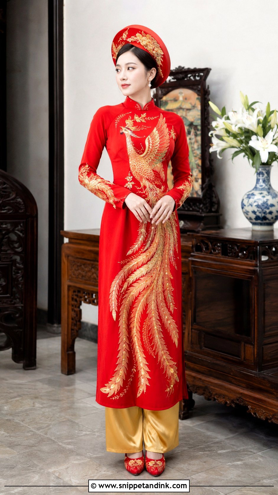 Red Phoenix Embroidered Bridal Ao Dai - Snippet and Ink - 20 Vietnamese Wedding Ao Dai Ideas