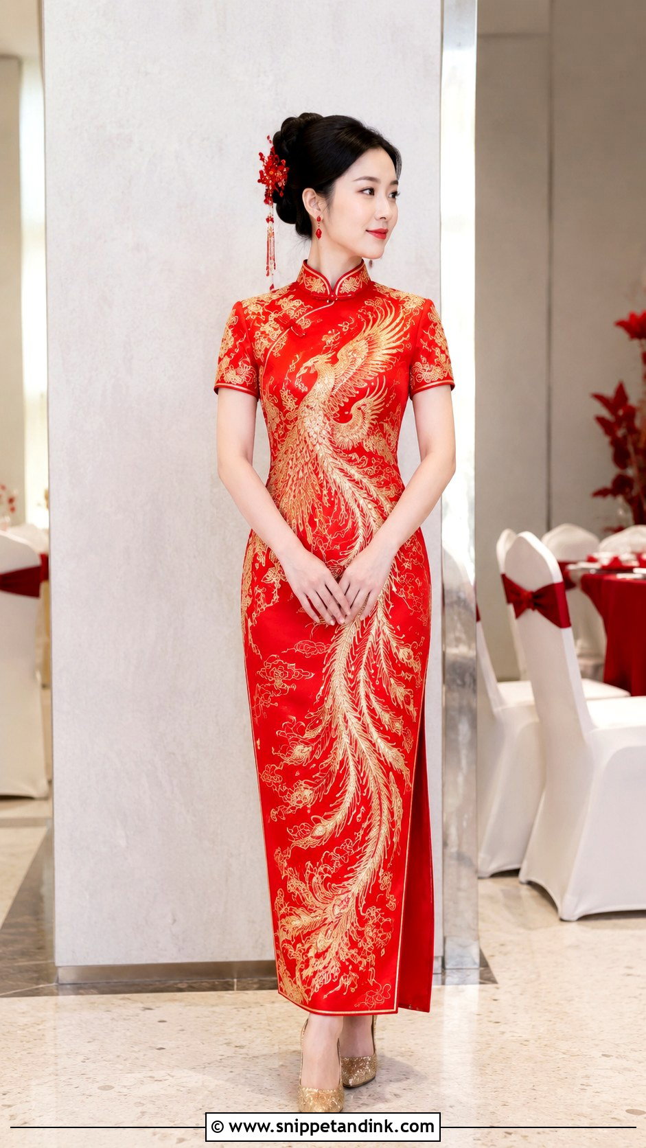 Red Phoenix Embroidered Cheongsam Wedding Dress - Snippet and Ink - 20 Cheongsam Wedding Dress Ideas