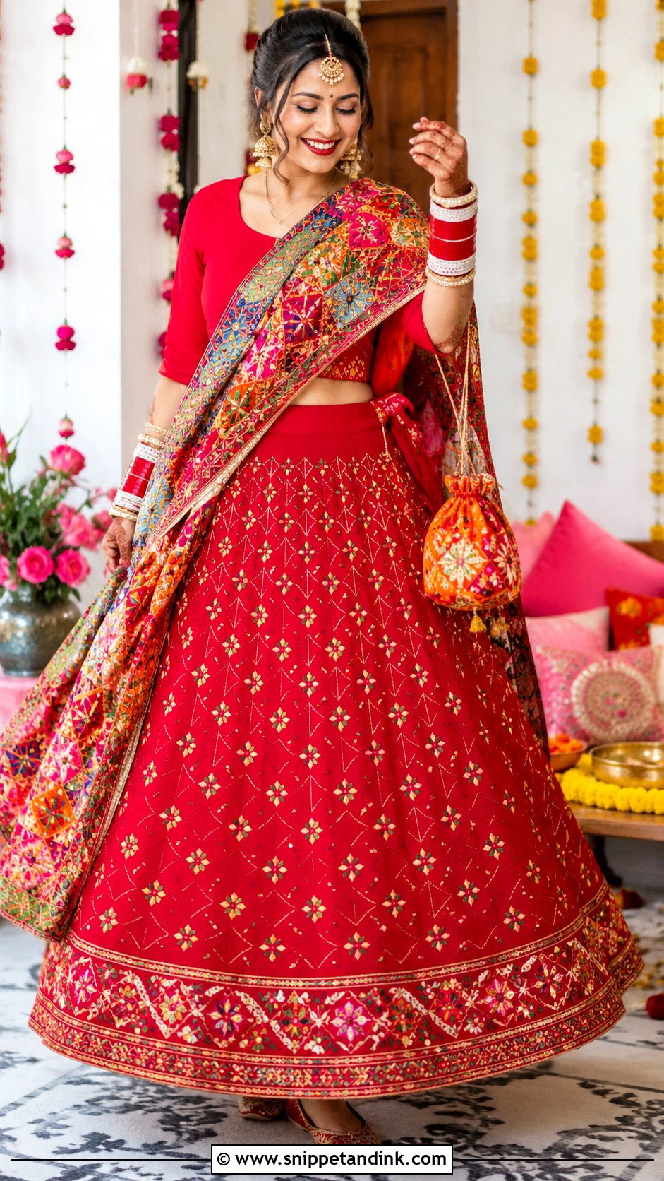 Red Phulkari Lehenga Choora Ceremony Outfit - Snippet and Ink - 20 Choora Ceremony Outfit Ideas