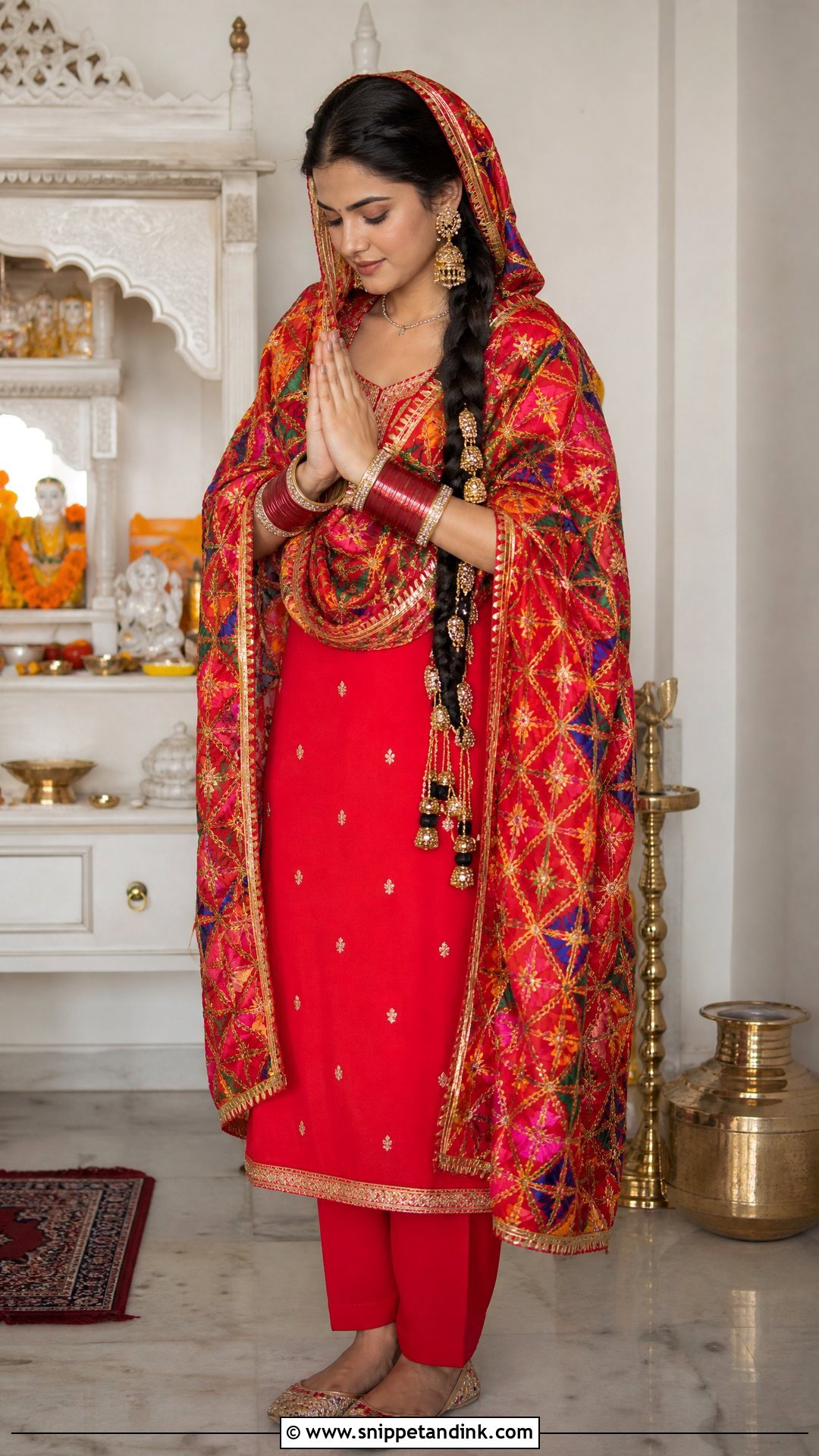 Red Phulkari Suit Mata Poojan Look - Snippet and Ink - 20 Mata Poojan Look for Bride Ideas