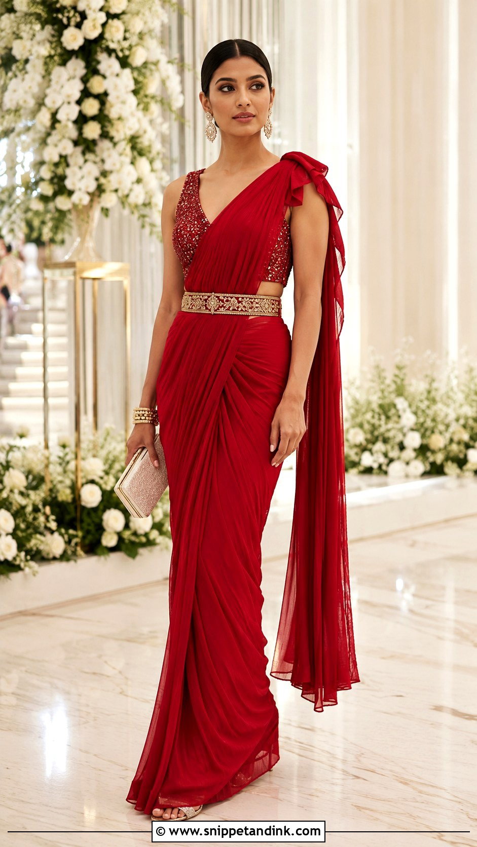Red Pre Draped Saree - Snippet and Ink - 25 Red Indian Wedding Dress Ideas