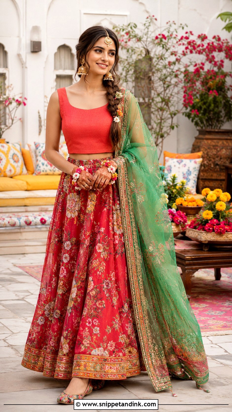 Red Printed Lehenga Mehendi Outfit - Snippet and Ink - 20 Mehendi Ceremony Outfits Brides