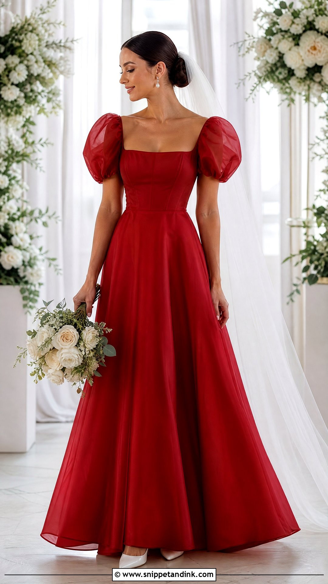 Red Puff Sleeve Bridal Gown - Snippet and Ink - 20 Red Bridal Gown Ideas