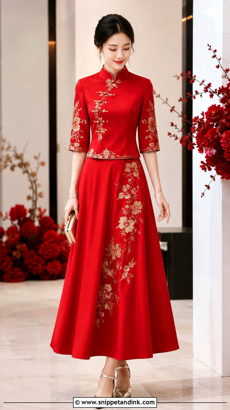 Red Qipao Top And Skirt Chinese Wedding Outfit - Snippet and Ink - 20 Chinese Wedding Outfits