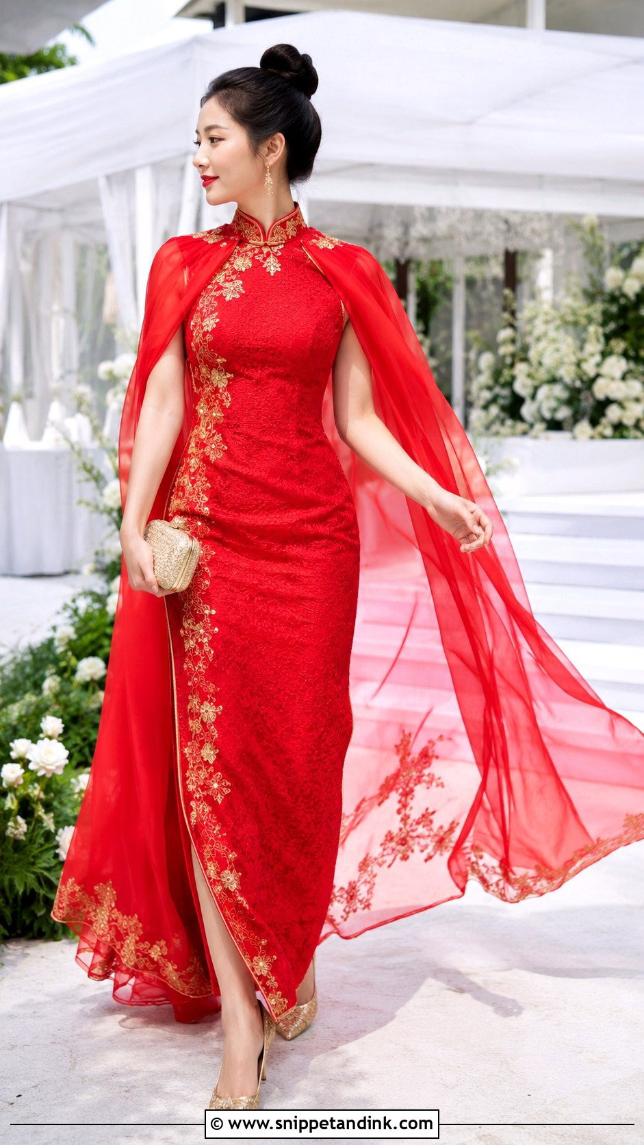 Red Qipao With Bridal Cape - Snippet and Ink - 20 Red Chinese Wedding Dress Ideas