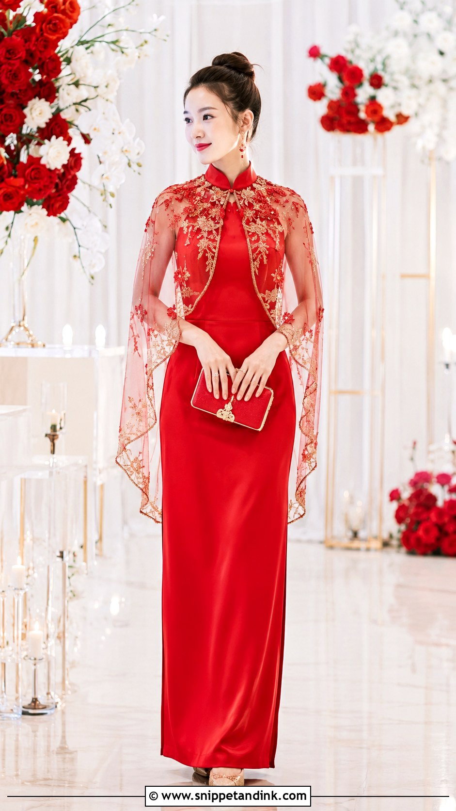 Red Qipao With Cape Chinese Wedding Outfit - Snippet and Ink - 20 Chinese Wedding Outfits