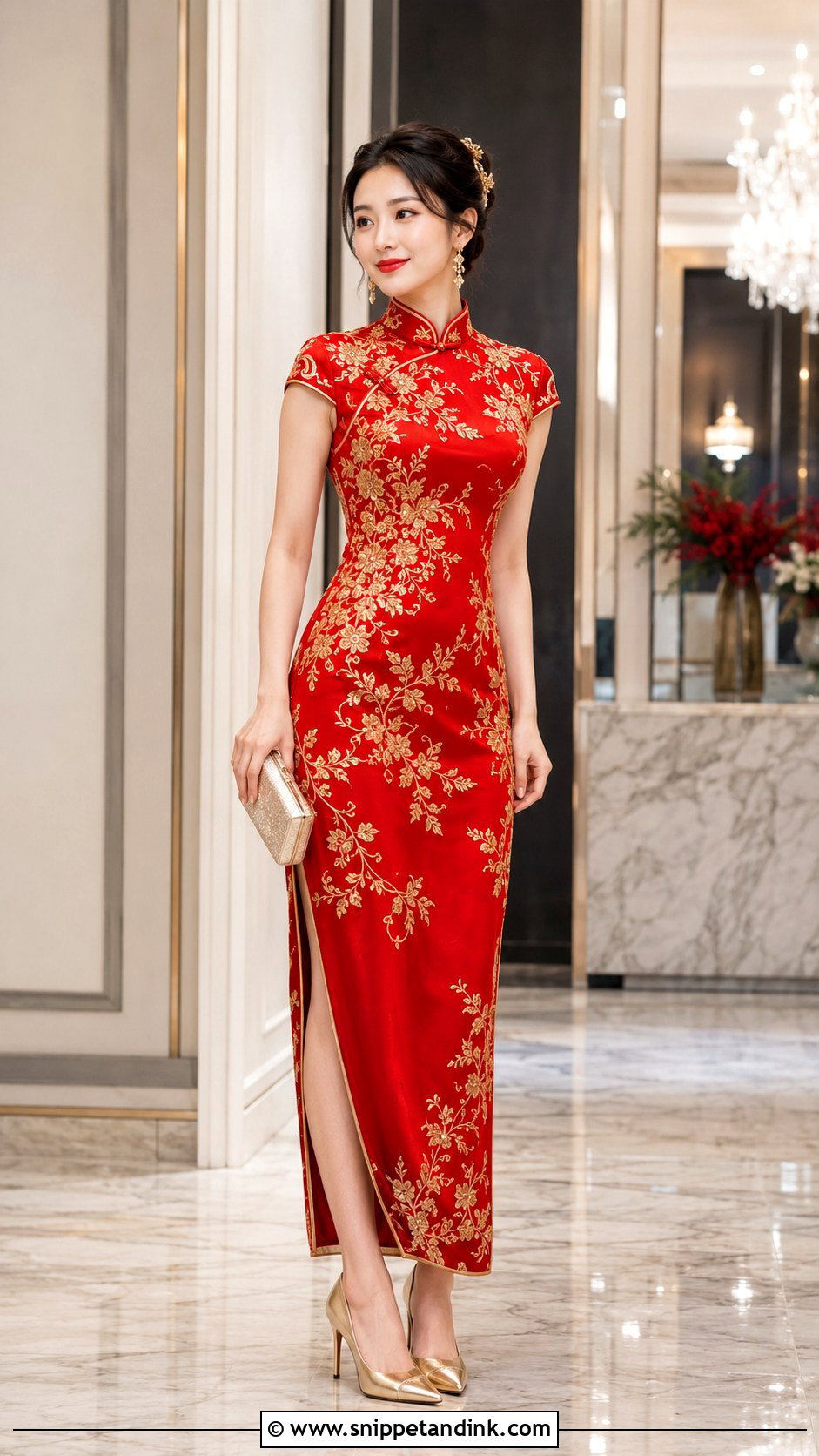 Red Qipao With Gold Embroidery - Snippet and Ink - 20 Red Chinese Wedding Dress Ideas