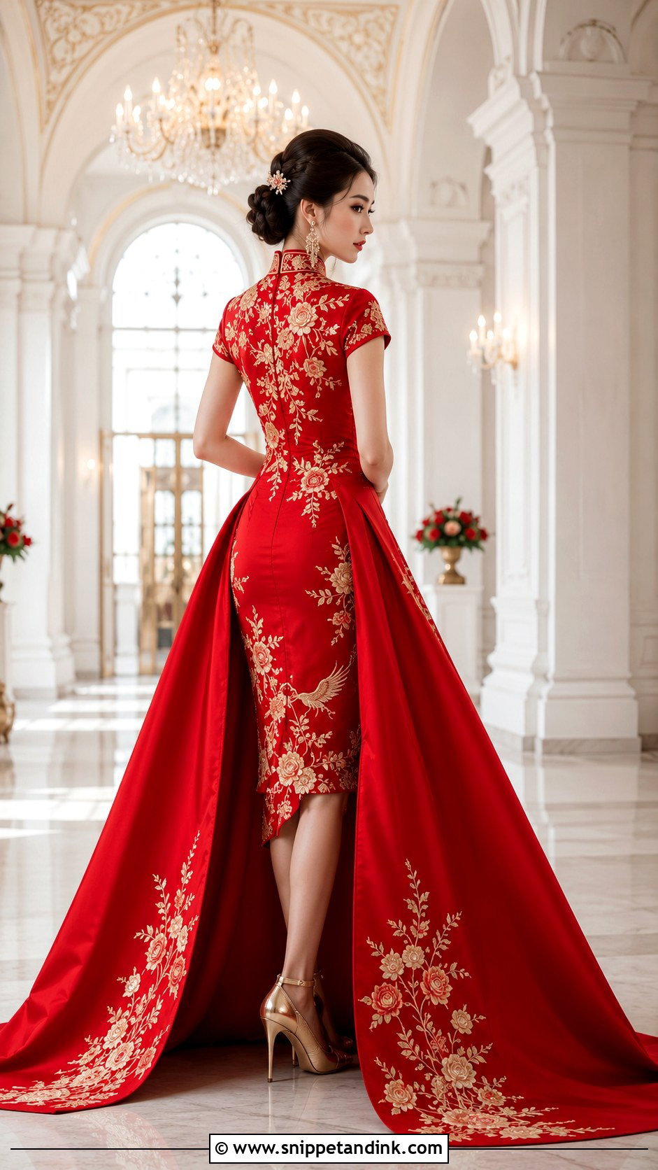 Red Qipao With Train - Snippet and Ink - 20 China Wedding Dress Ideas