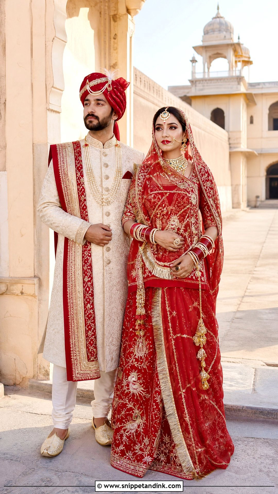 Red Rajputi Wedding Couple Outfit - Snippet and Ink - 20 Rajputi Couple Ideas