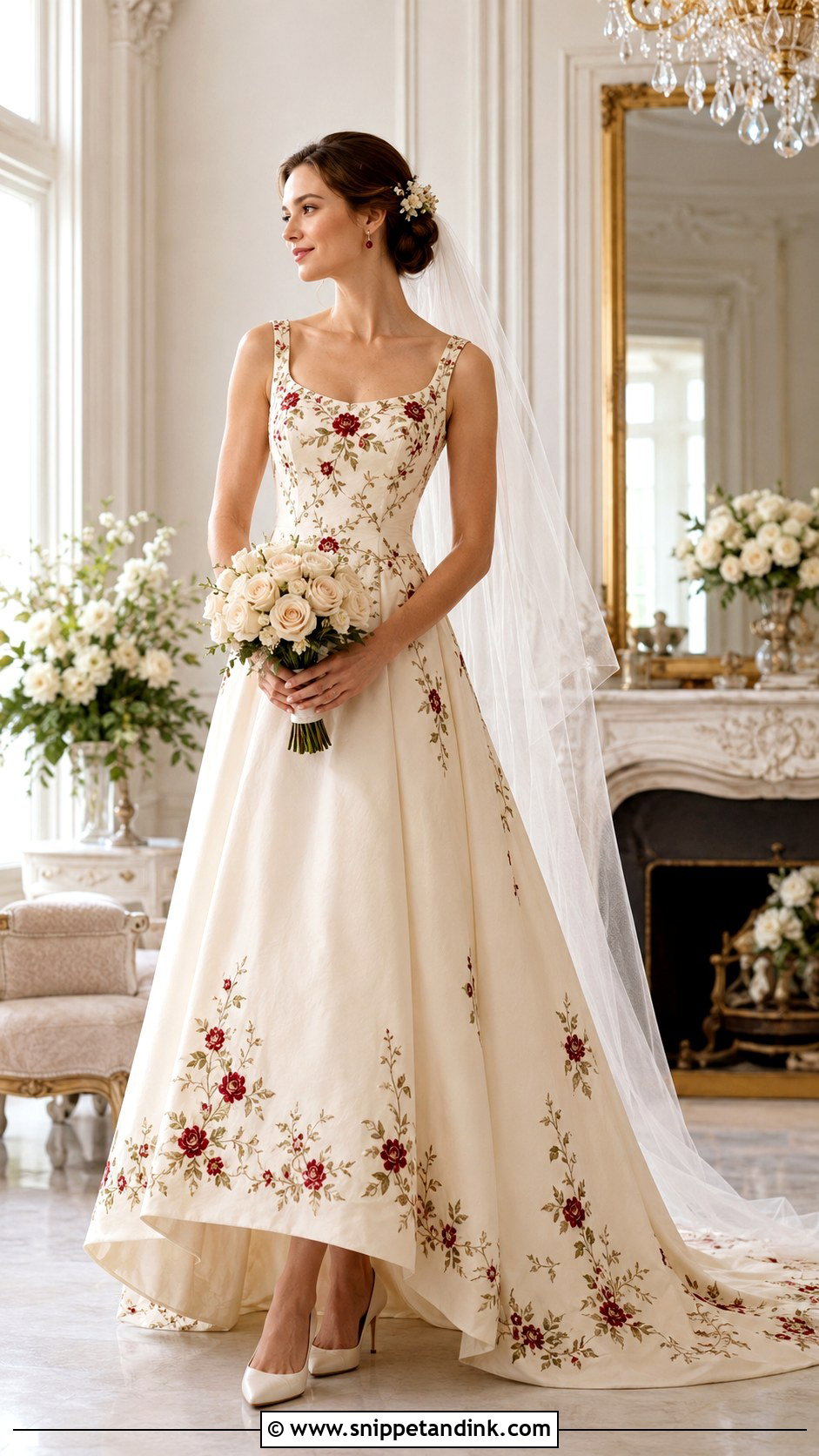 Red Rose Embroidered Wedding Dress - Snippet and Ink - 20 Belle Inspired Wedding Dress Ideas