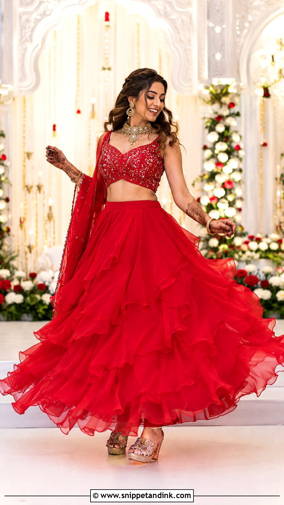 Red Ruffle Lehenga For Bride - Snippet and Ink - 25 Sangeet Outfit for Bride Ideas