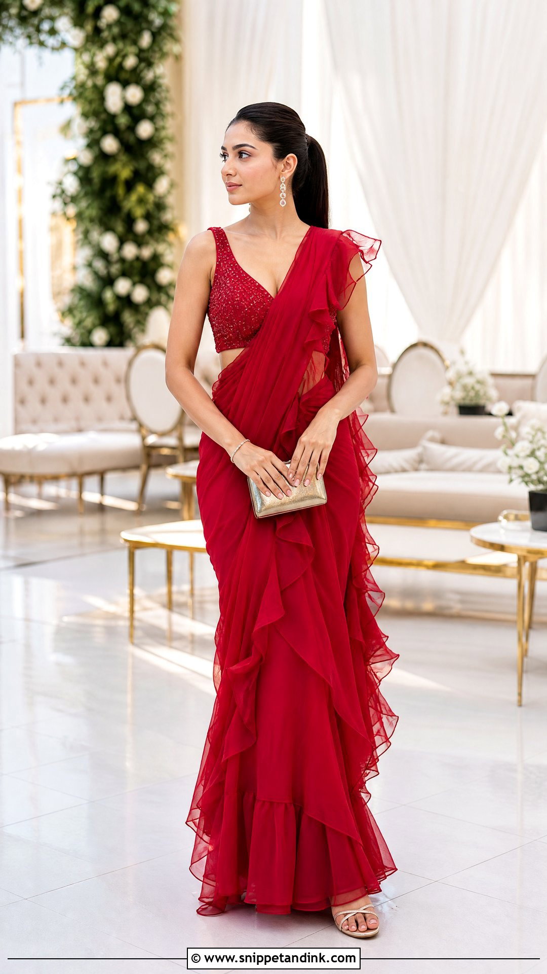 Red Ruffle Sangeet Saree - Snippet and Ink - 20 Red Sangeet Outfit Ideas