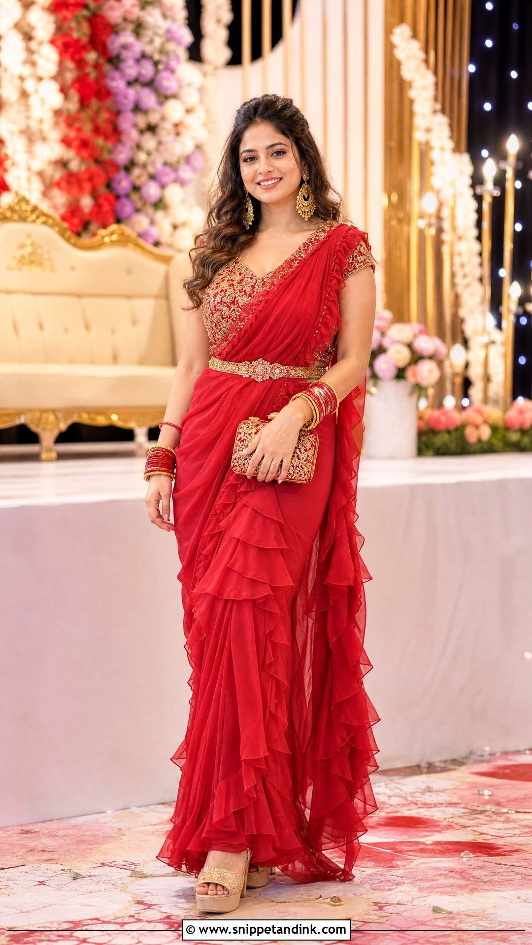 Red Ruffle Saree for Sangeet Bride - Snippet and Ink - 20 Outfit for Sangeet Function for Bride Ideas