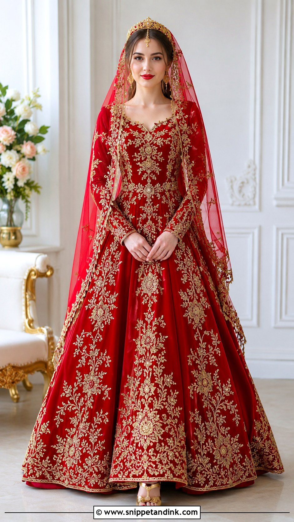Red Russian Wedding Dress With Gold Embroidery - Snippet and Ink - 25 Russian Wedding Dress Ideas