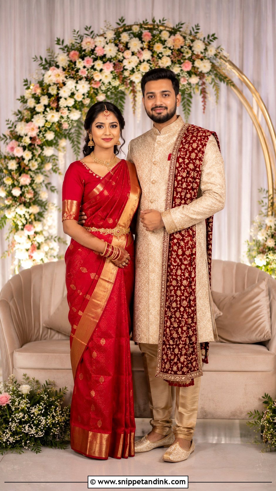 Red Saree And Beige Sherwani - Snippet and Ink - 25 Indian Couple Ring Ceremony Dress Ideas