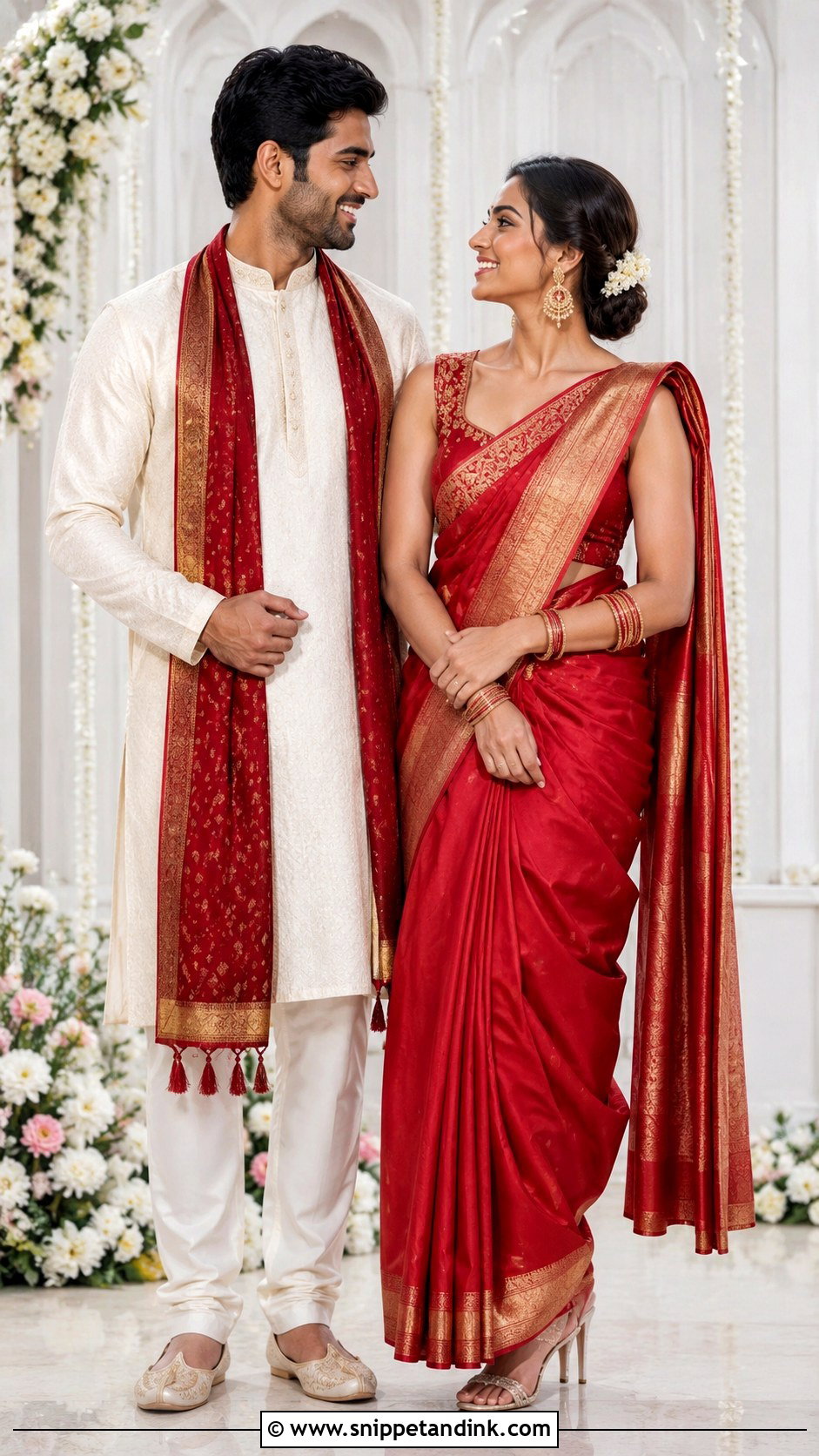 Red Saree And Cream Kurta Set Wedding Outfit - Snippet and Ink - 25 Couple Contrast Outfits for Wedding