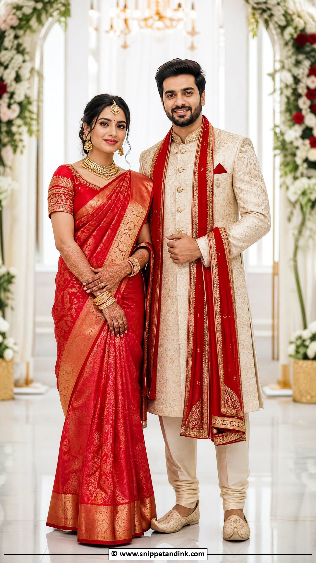 Red Saree And Cream Sherwani - Snippet and Ink - 35 Indian Couple Matching Dress Ideas