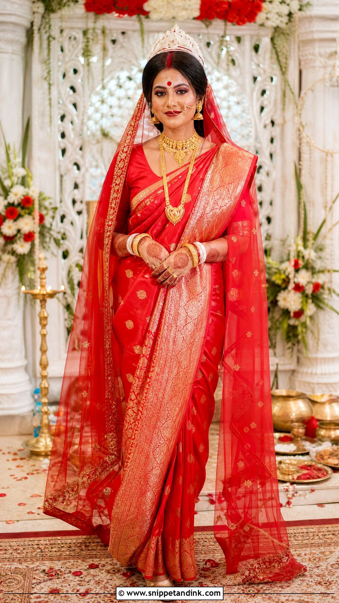 Red Saree With Bridal Veil Look - Snippet and Ink - 20 Simple Bengali Bride Ideas