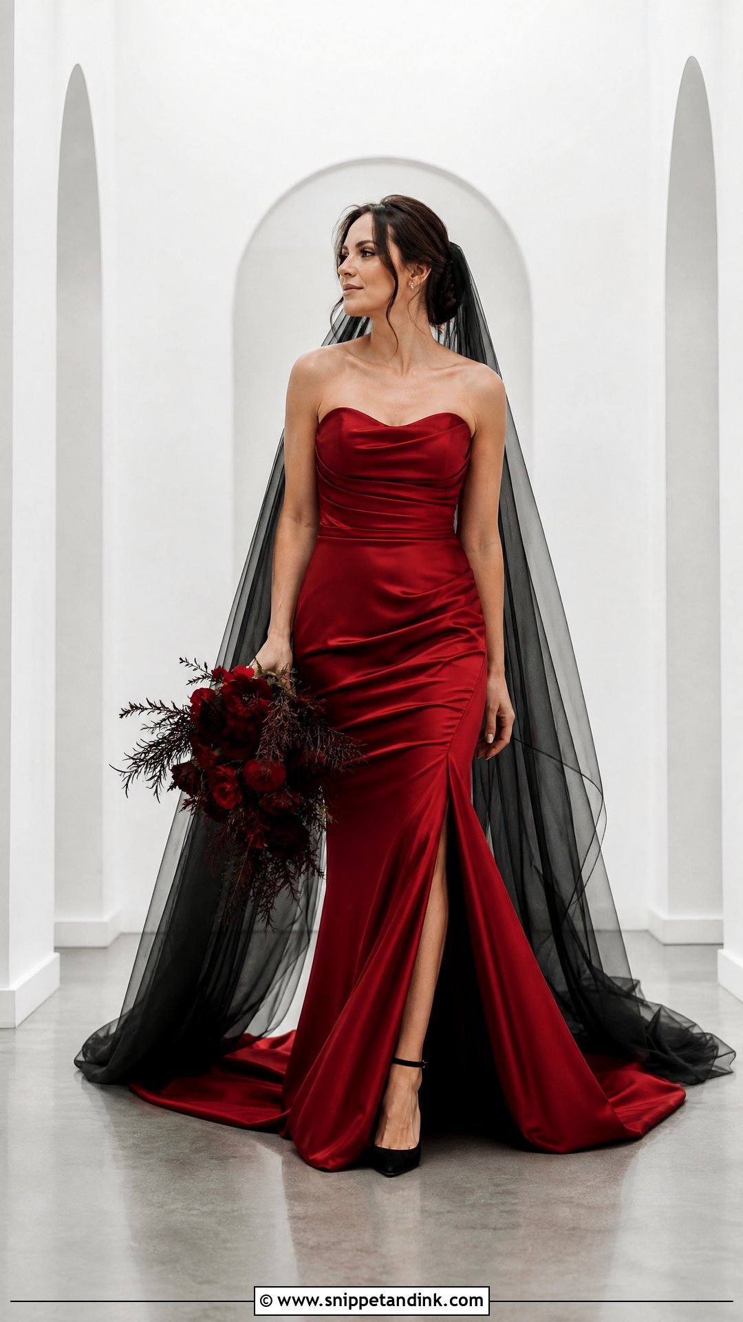 Red Satin Wedding Dress With Black Veil - Snippet and Ink - 25 Red and Black Wedding Dress Ideas