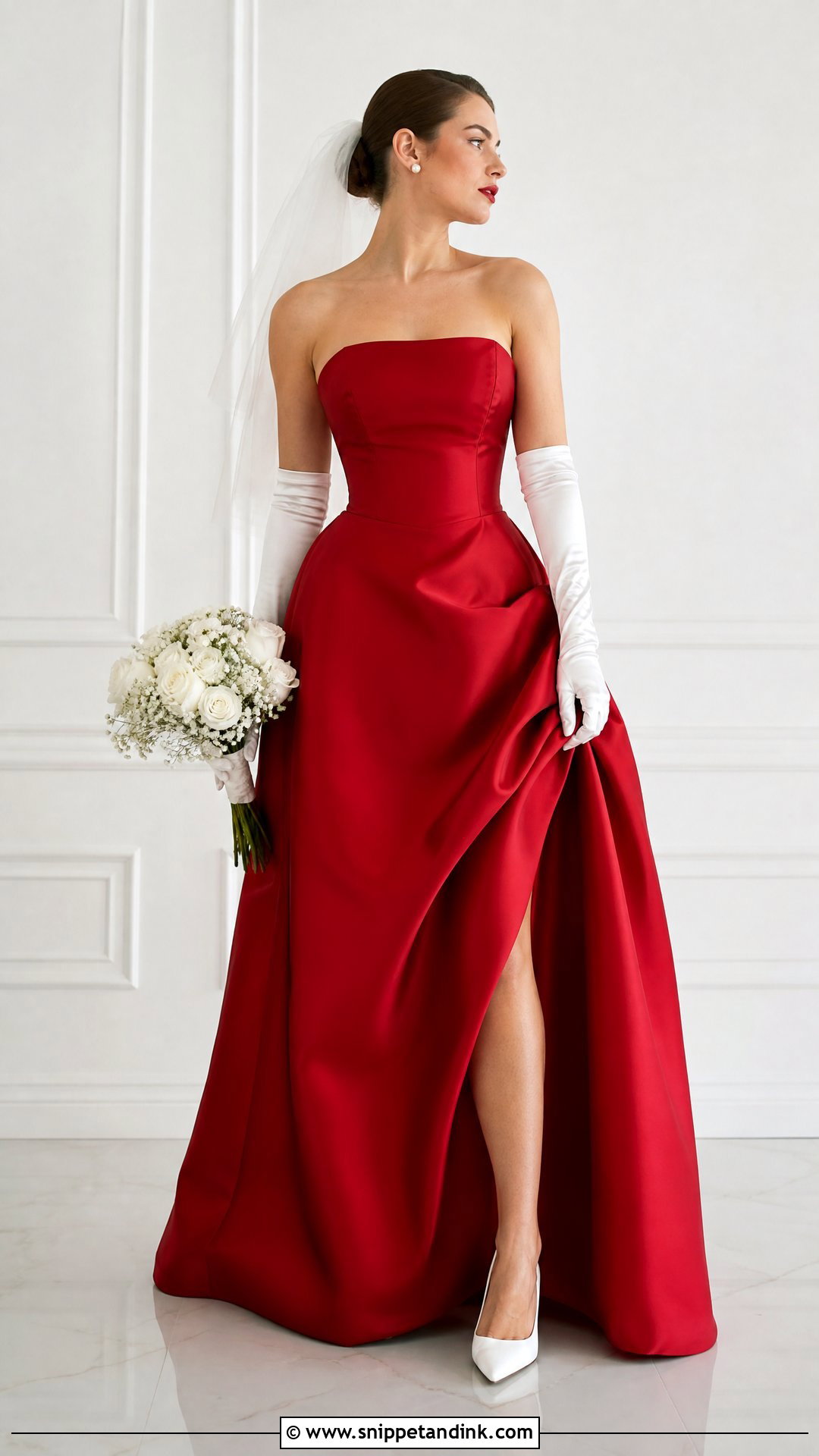 Red Satin Wedding Dress With White Gloves - Snippet and Ink - 25 Red and White Wedding Dress Ideas