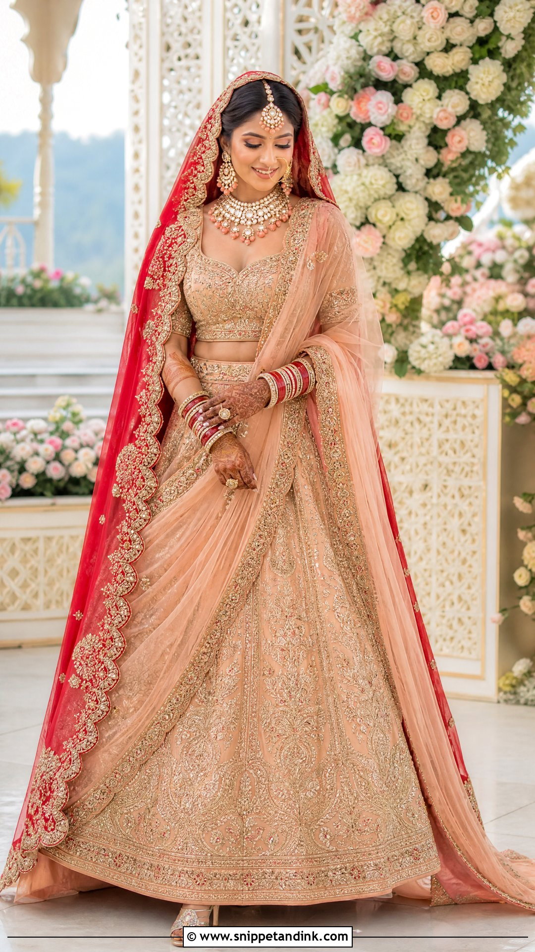 Red Scalloped Dupatta With Peach Lehenga - Snippet and Ink - 20 Red Dupatta for Bride Ideas