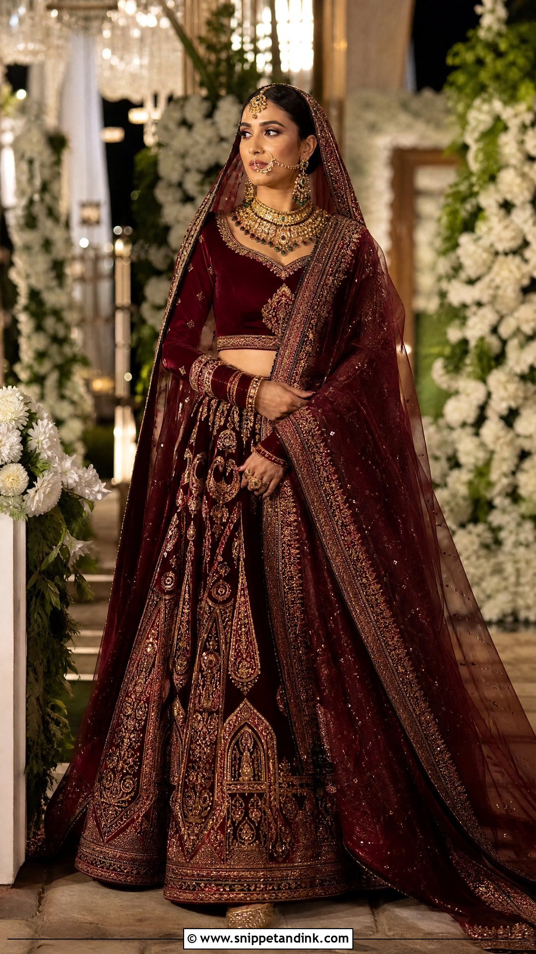 Red Sequined Dupatta With Burgundy Lehenga - Snippet and Ink - 20 Red Dupatta for Bride Ideas