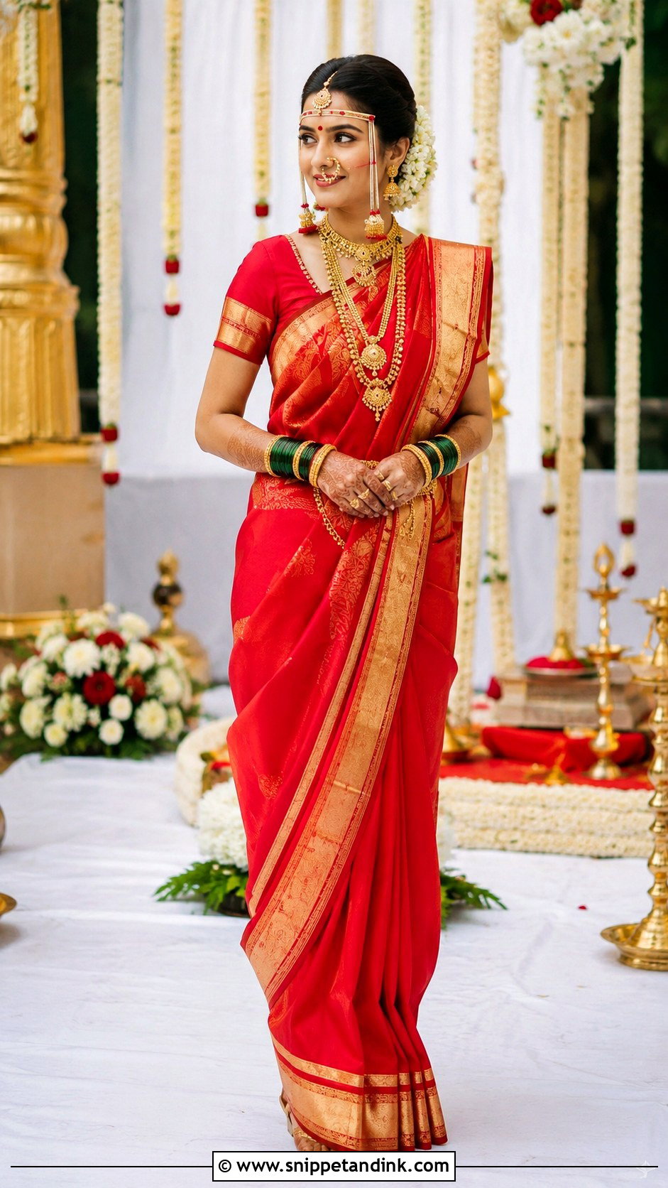 Red Shalu Saree Bridal Look - Snippet and Ink - 25 Maharashtrian Wedding Look Ideas