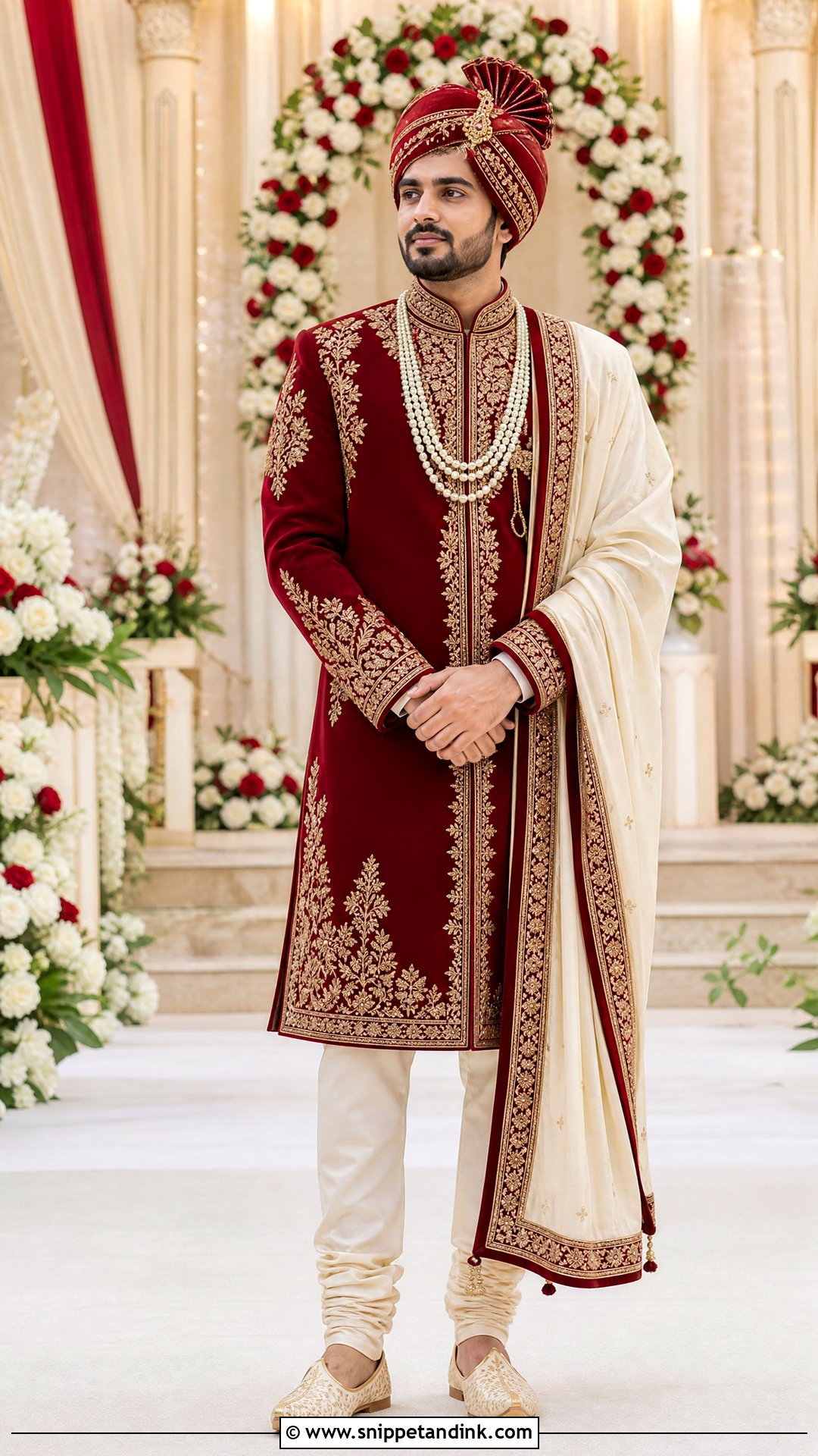 Red Sherwani With Gold Embroidery - Snippet and Ink - 20 Sherwani Wedding Ideas