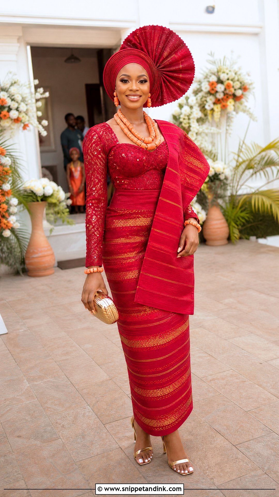 Red Side Fan Bridal Gele With Wrapper And Blouse - Snippet and Ink - 20 Bridal Gele Styles