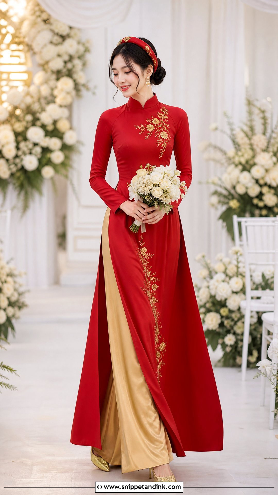 Red Silk Ao Dai With Gold Pants - Snippet and Ink - 20 Red Ao Dai Wedding Ideas