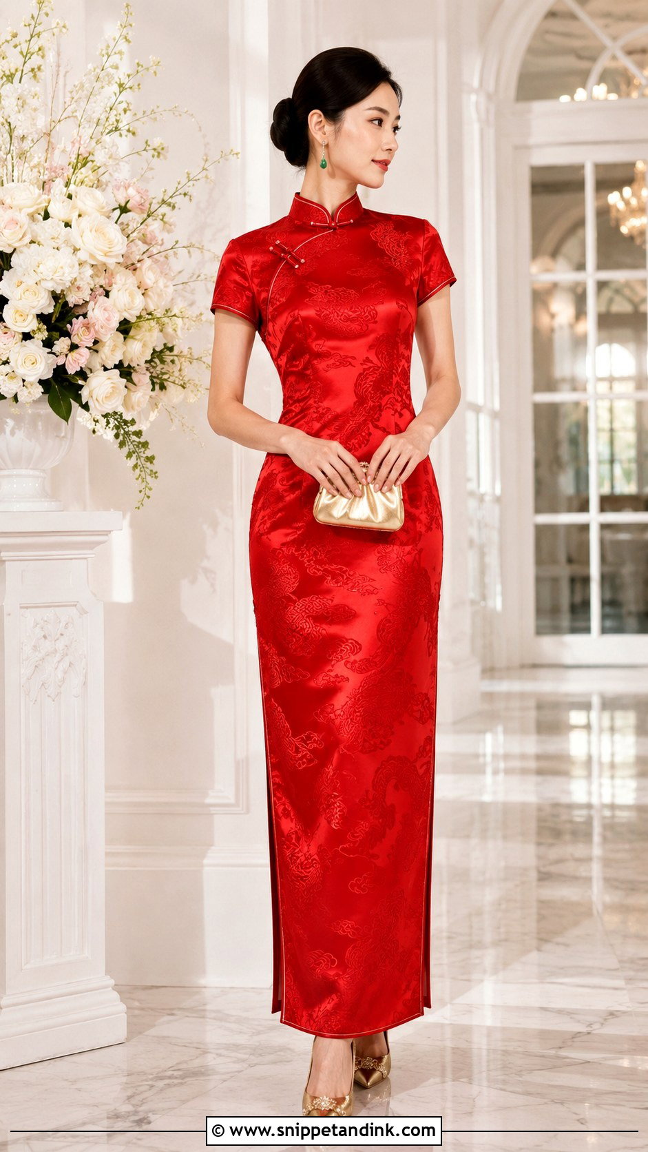 Red Silk Qipao Chinese Wedding Outfit - Snippet and Ink - 20 Chinese Wedding Outfits