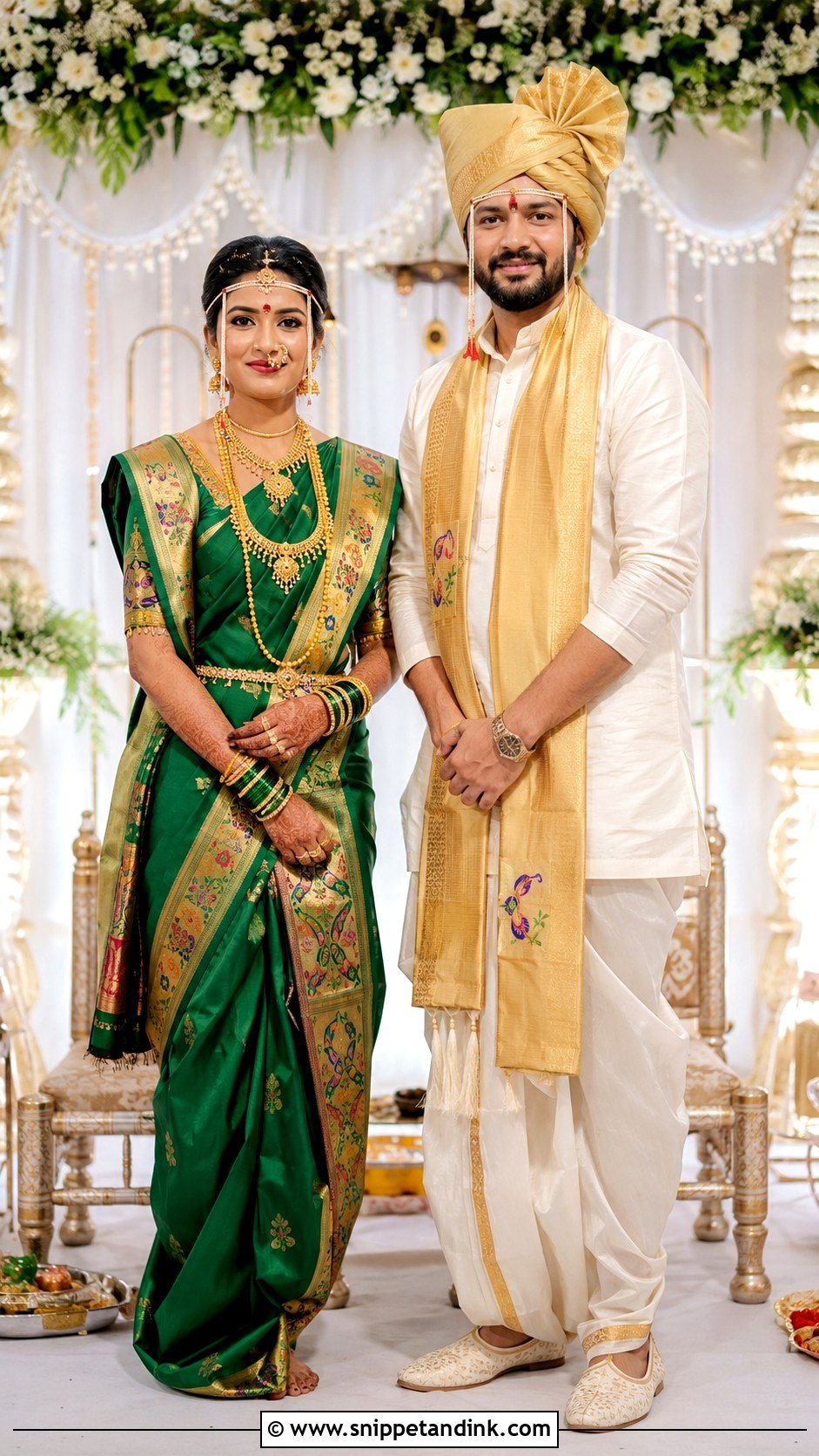 Red Silk Saree And Beige Sherwani Couple Outfit - Snippet and Ink - 25 Maharashtrian Wedding Couple Outfits