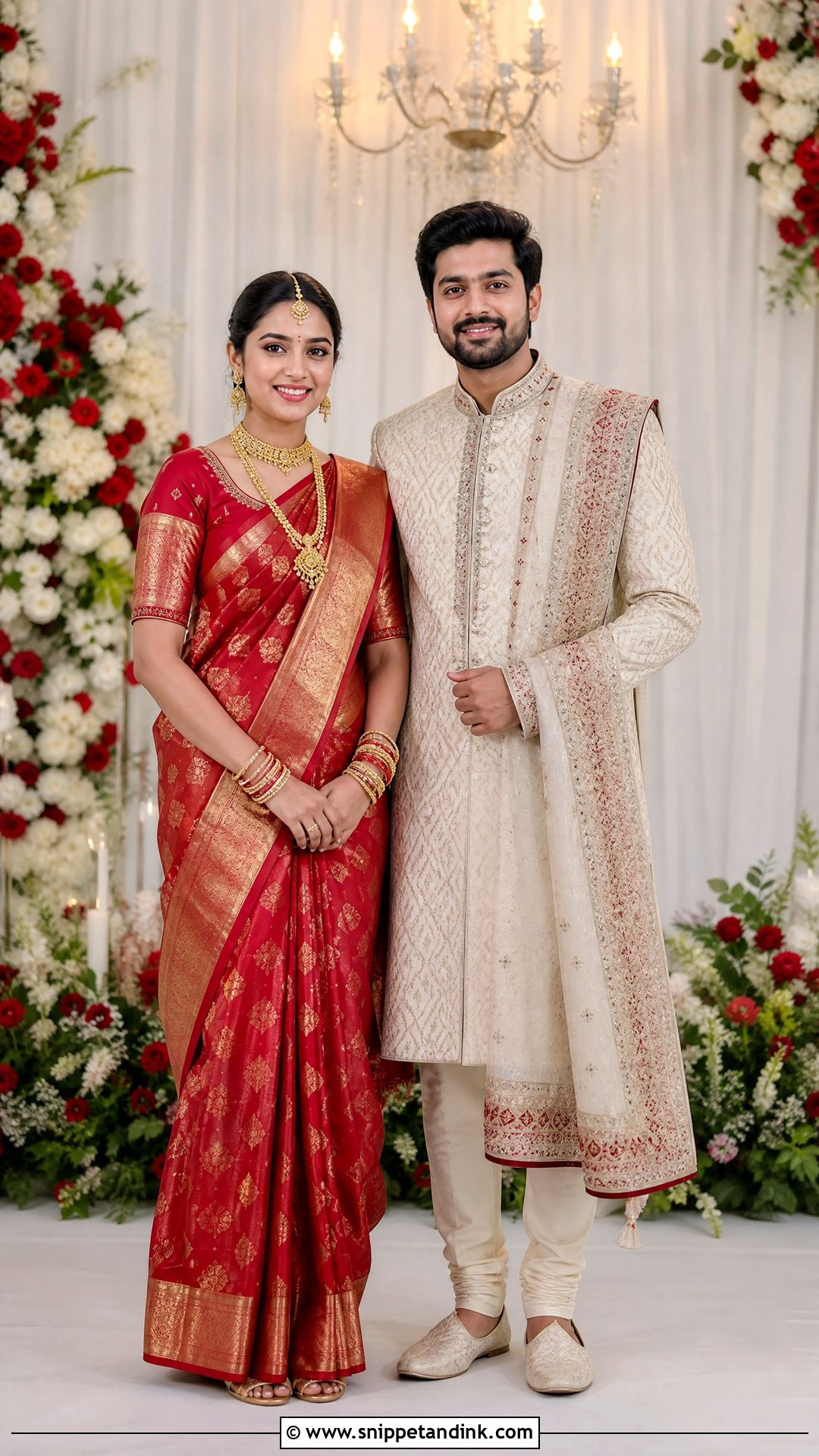 Red Silk Saree And Off White Sherwani - Snippet and Ink - 20 Ring Ceremony Couple Dress Ideas