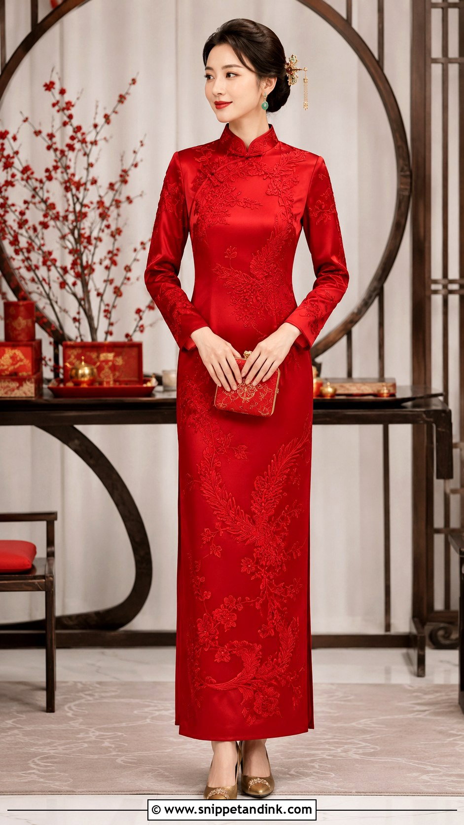 Red Silk Wedding Qipao With Long Sleeves - Snippet and Ink - 20 Wedding Qipao Ideas