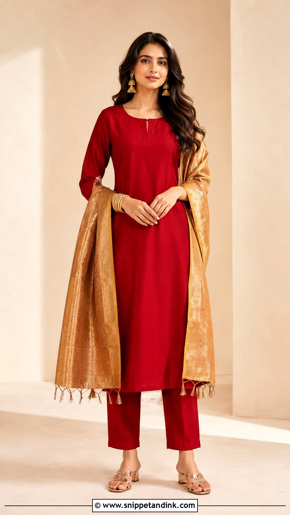 Red Simple Suit With Gold Dupatta - Snippet and Ink - 30 Simple Suit with Heavy Dupatta Ideas