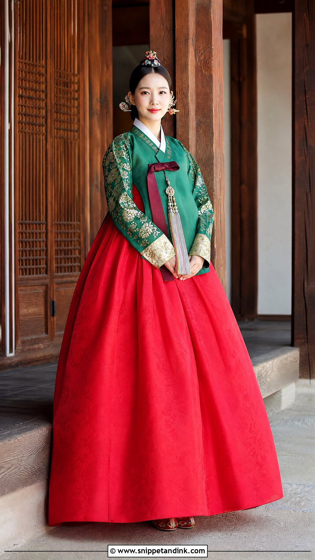 Red Skirt And Green Jeogori Korean Wedding Dress - Snippet and Ink - 25 Elegant Korean Wedding Dress Ideas