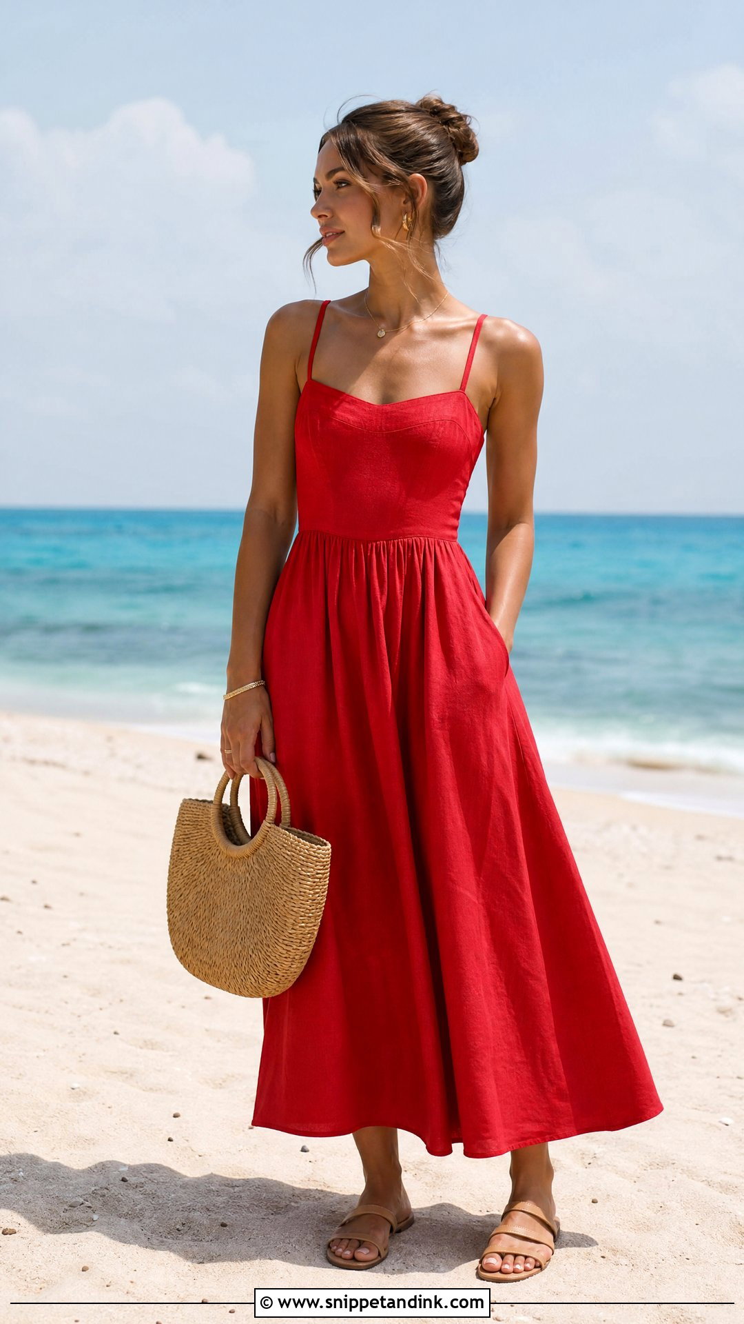 Red Sundress Standing With Straw Bag - Snippet and Ink - 25 Beach Poses with Dress Ideas