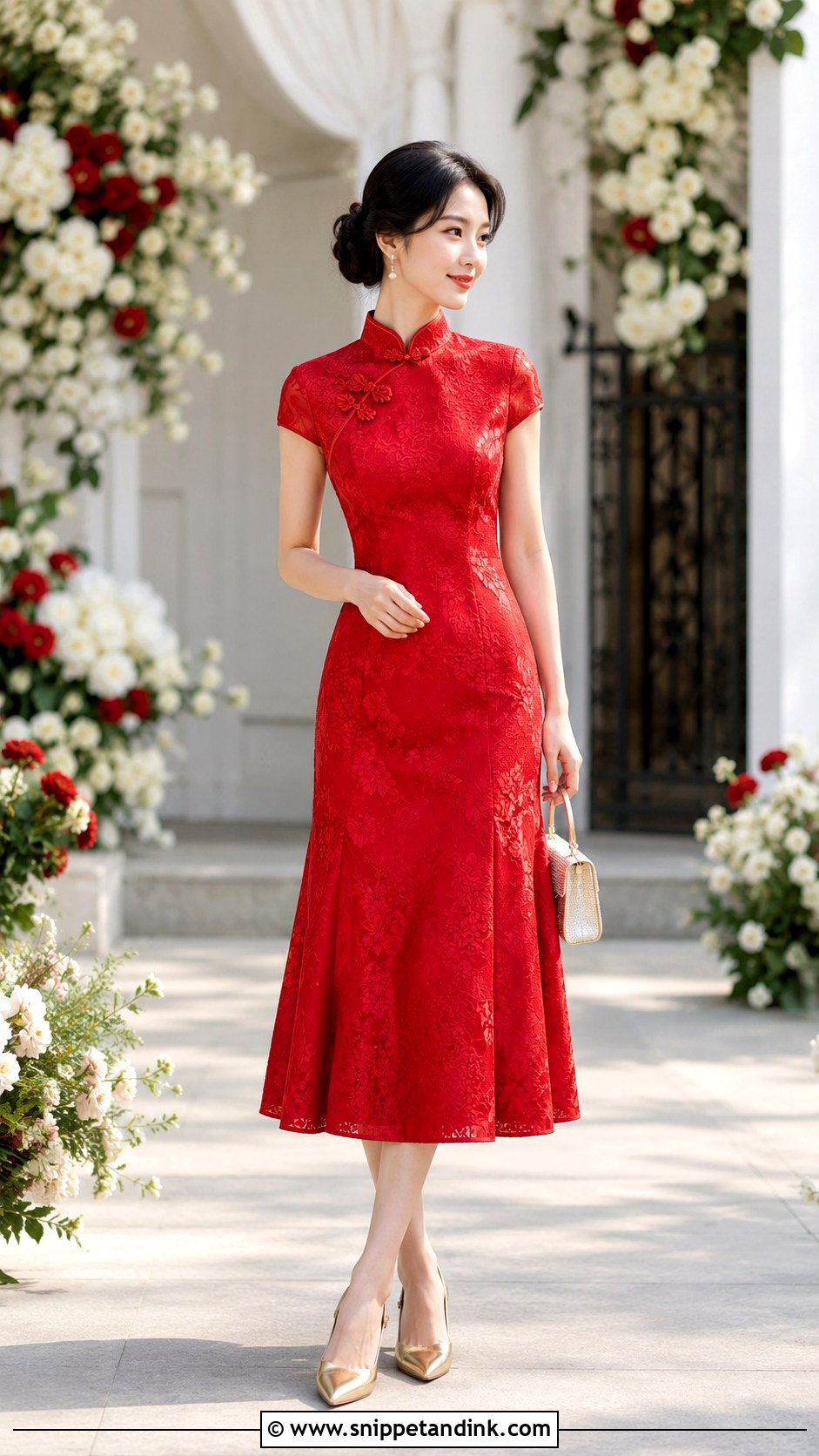 Red Tea Length Qipao Chinese Wedding Outfit - Snippet and Ink - 20 Chinese Wedding Outfits