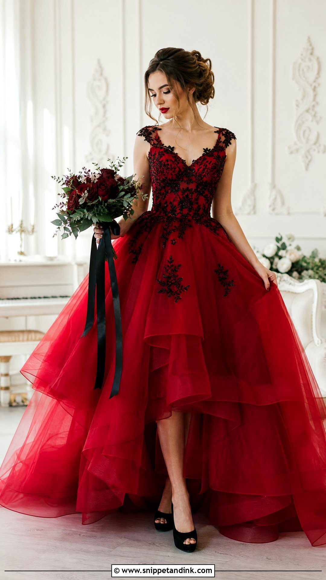 Red Tulle Wedding Dress With Black Embroidery - Snippet and Ink - 25 Red and Black Wedding Dress Ideas