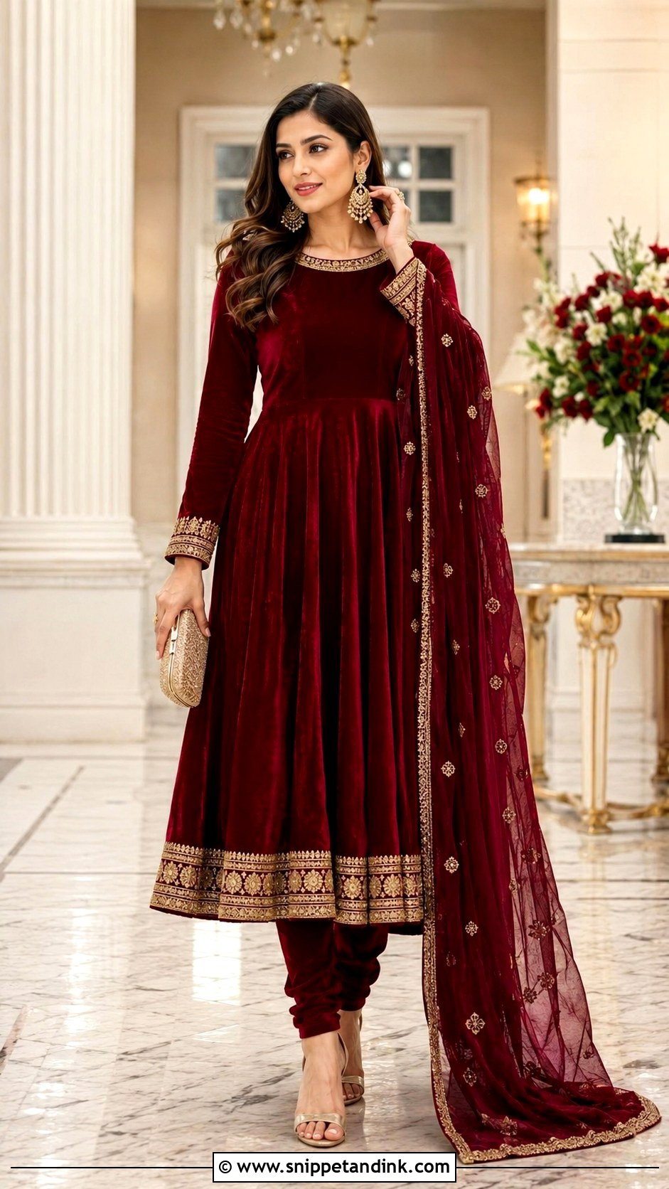 Red Velvet Anarkali Suit With Churidar - Snippet and Ink - 25 Red Anarkali Wedding Suits
