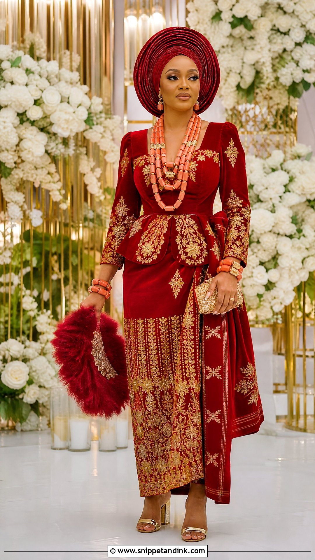Red Velvet And Gold Urhobo Bride Outfit - Snippet and Ink - 20 Urhobo Bride Ideas