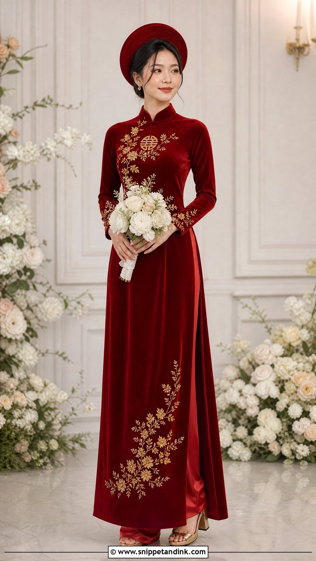 Red Velvet Ao Dai With Gold Heels - Snippet and Ink - 20 Red Ao Dai Wedding Ideas