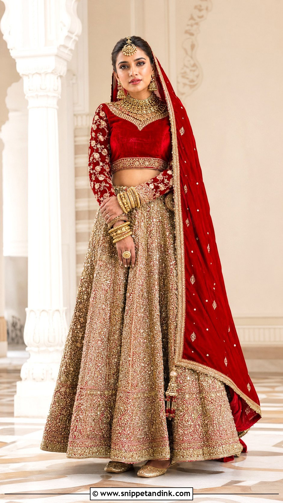 Red Velvet Bridal Blouse With Gold Lehenga - Snippet and Ink - 20 Red Bridal Blouse Ideas