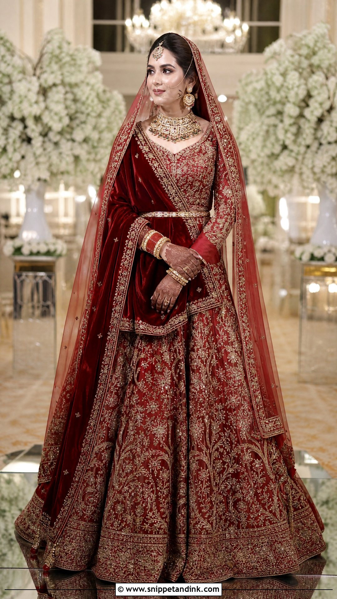 Red Velvet Dupatta With Red Winter Lehenga - Snippet and Ink - 20 Red Dupatta for Bride Ideas