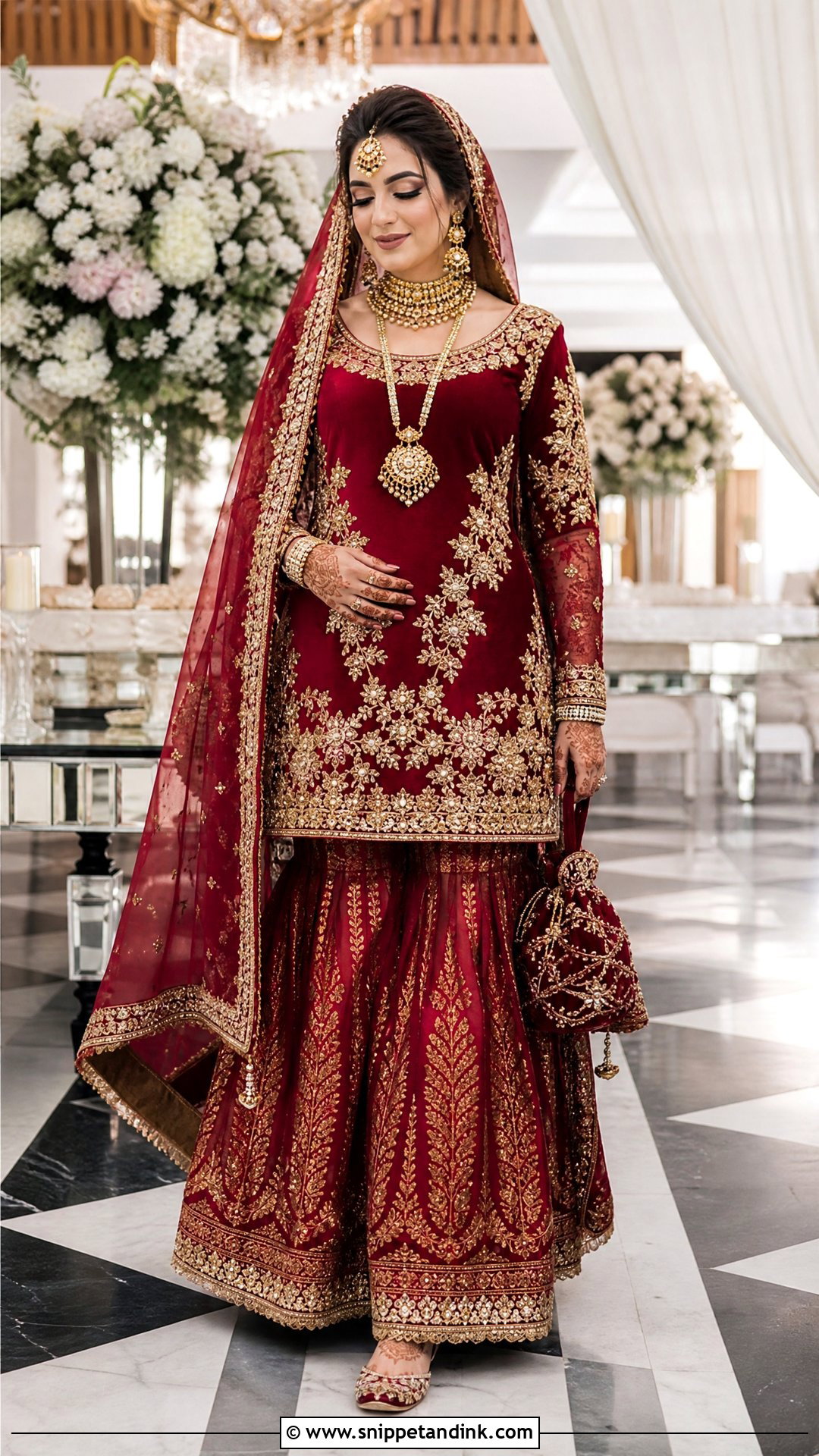 Red Velvet Garara With Gold Embroidery - Snippet and Ink - 20 Red Garara Dress Pakistani Bridal Ideas