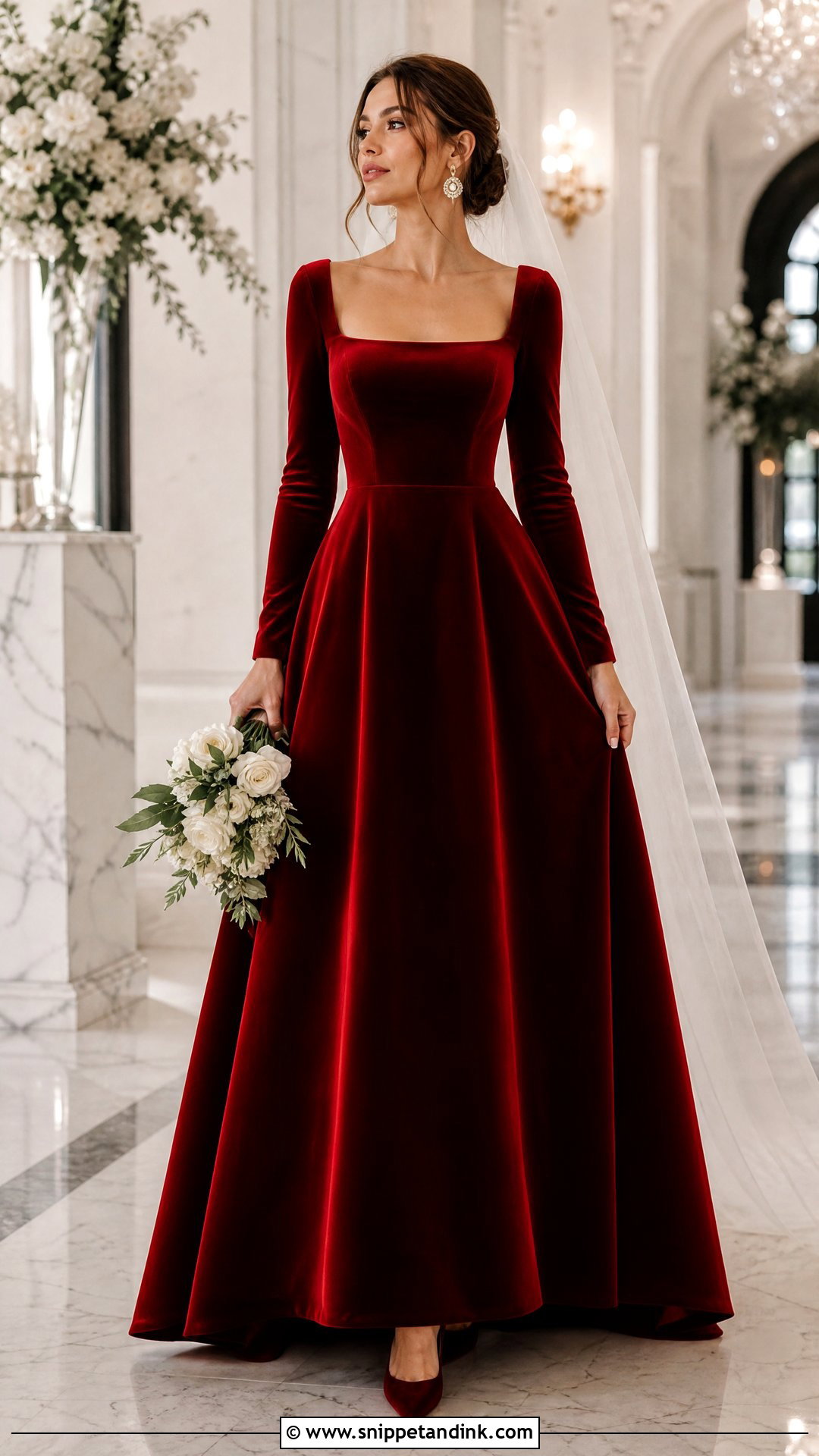 Red Velvet Long Sleeve Wedding Gown - Snippet and Ink - 20 Red Wedding Gown Ideas