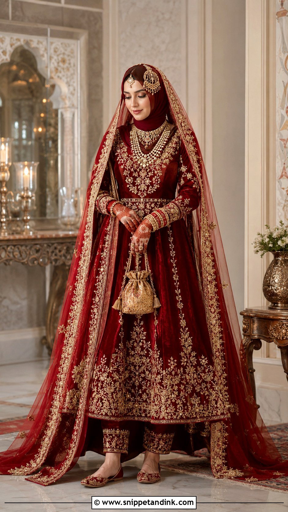 Red Velvet Pishwas Hijabi Bride - Snippet and Ink - 20 Desi Hijabi Bride Ideas