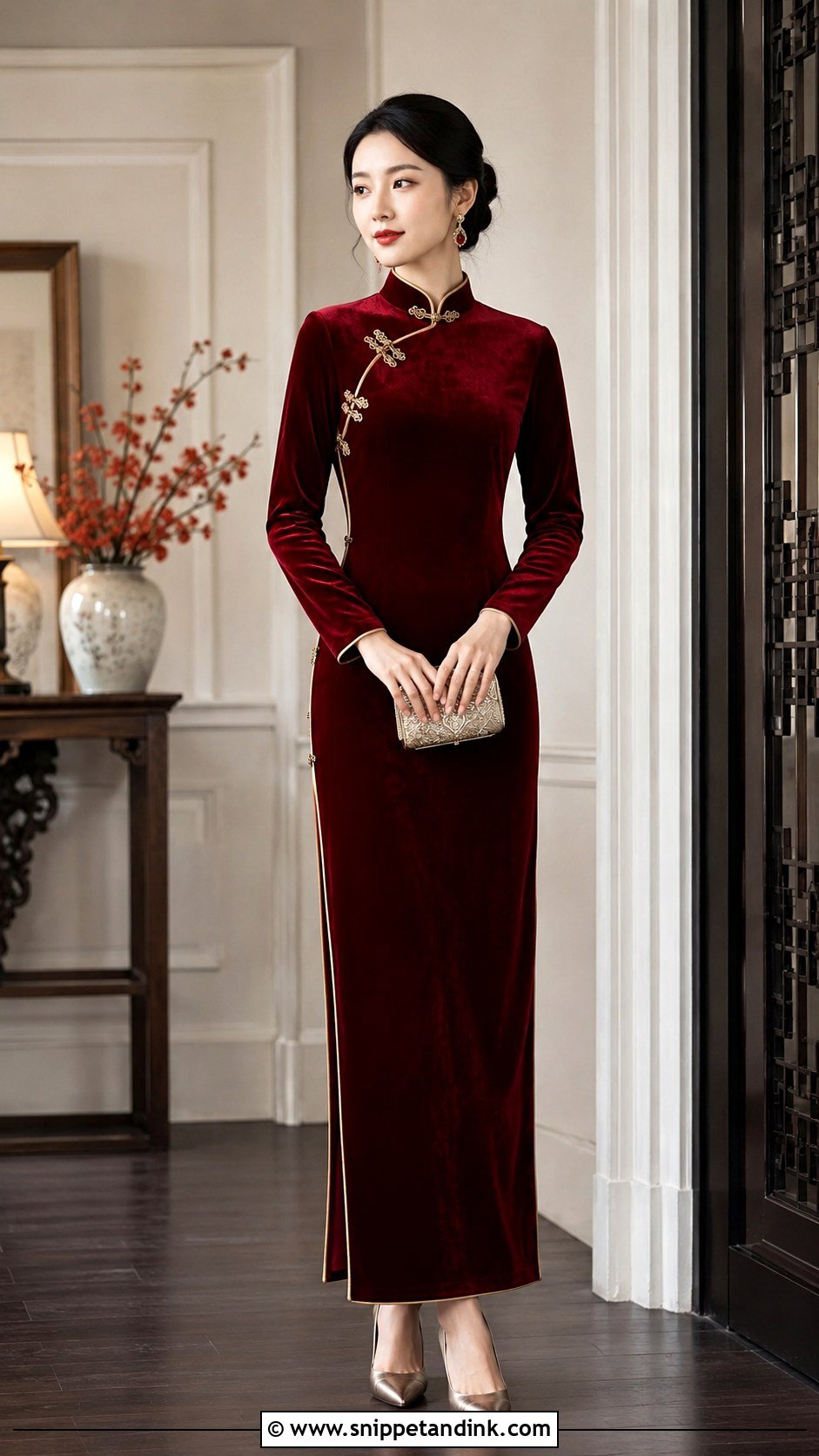 Red Velvet Qipao Chinese Wedding Outfit - Snippet and Ink - 20 Chinese Wedding Outfits