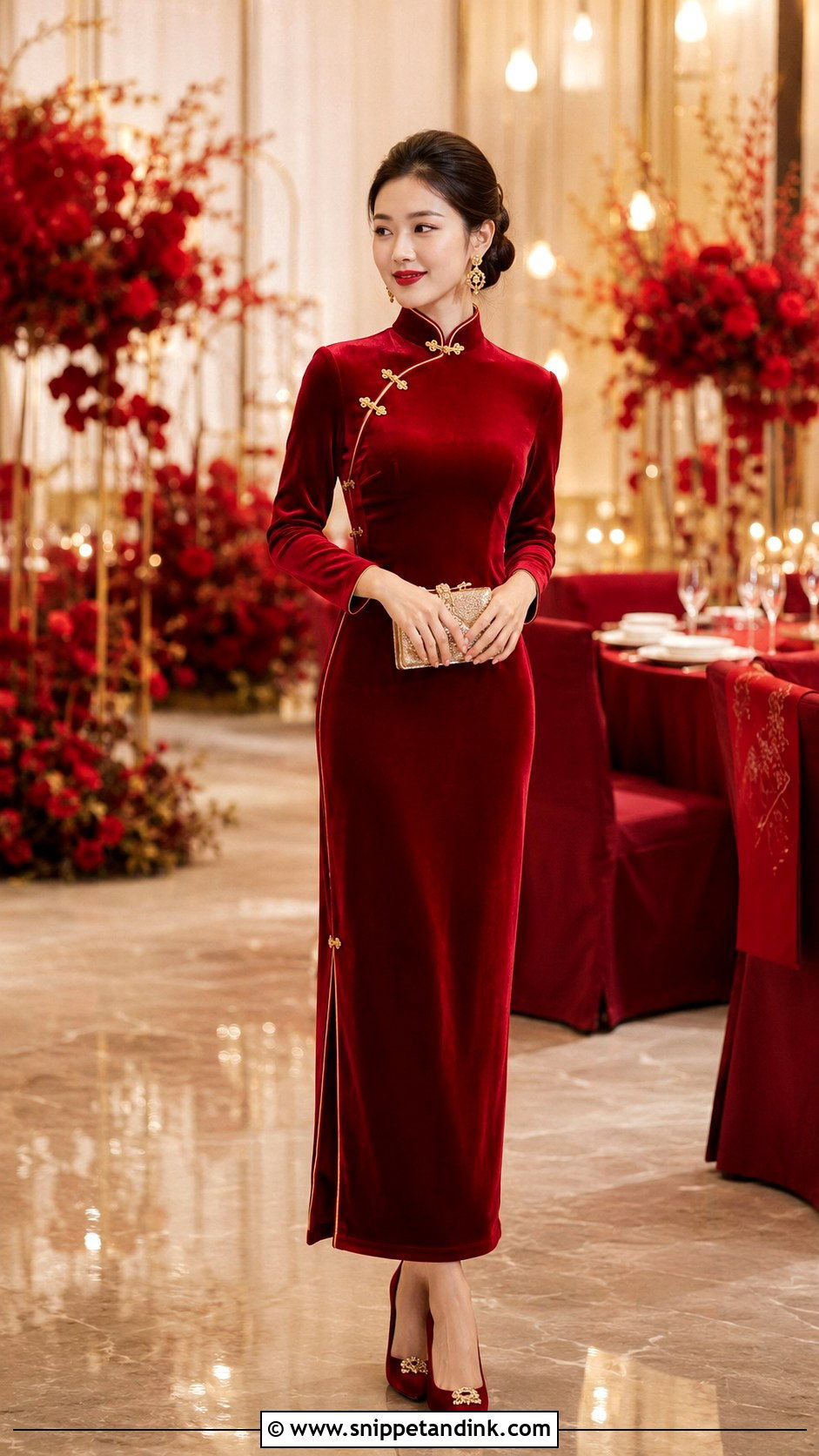 Red Velvet Qipao Wedding Dress - Snippet and Ink - 25 Traditional Chinese Wedding Dress Ideas