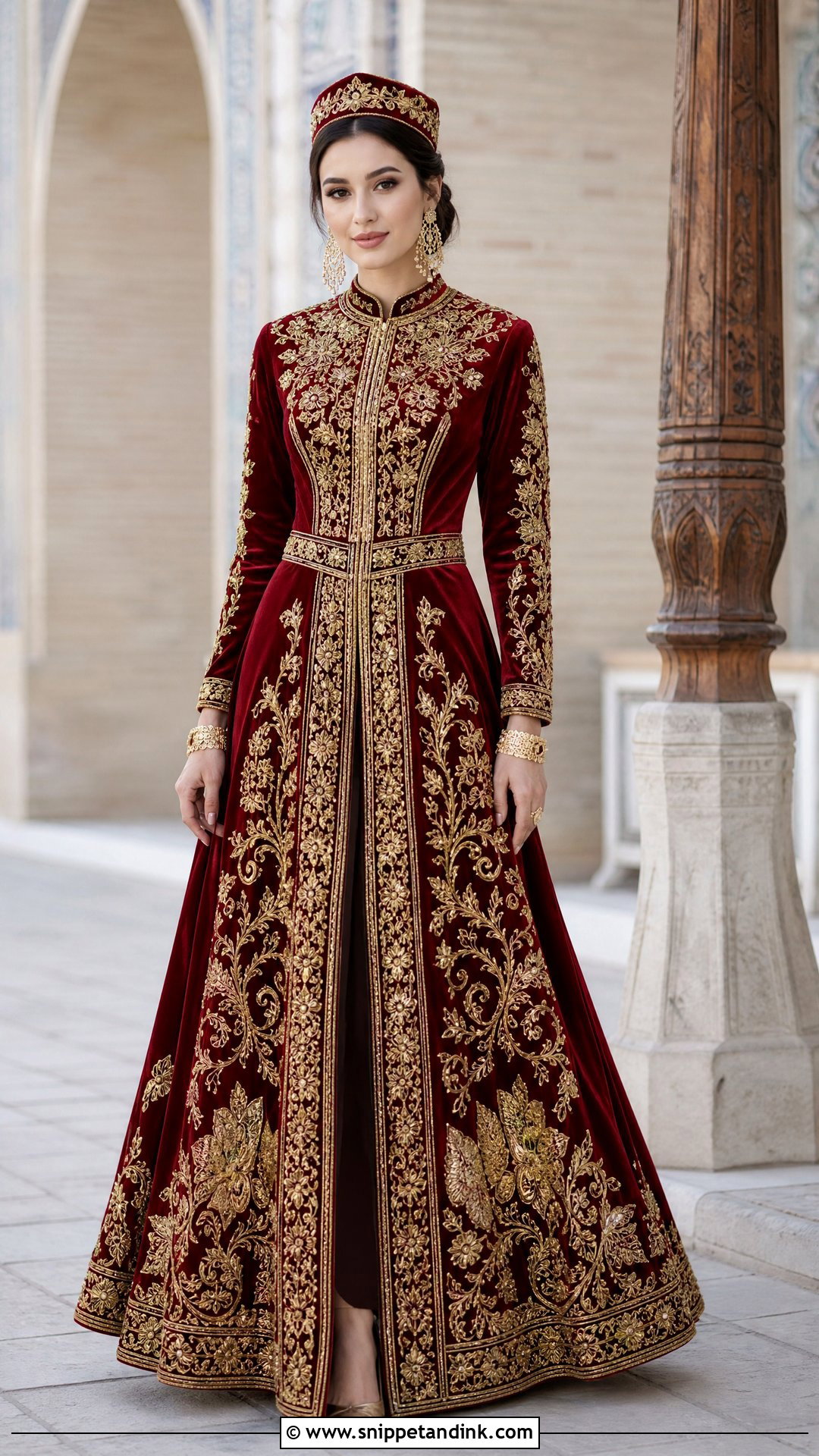 Red Velvet Uzbek Wedding Dress With Zardozi - Snippet and Ink - 20 Uzbek Wedding Dress Ideas